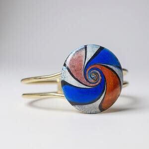 Vintage Hinged Silver Tone Bangle Bracelet Cuff Swirl Art Glass Stone @ Closure